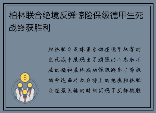 柏林联合绝境反弹惊险保级德甲生死战终获胜利 柏林联合绝境反弹惊险保级德甲生死战终获胜利
