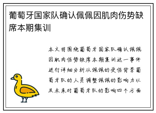 葡萄牙国家队确认佩佩因肌肉伤势缺席本期集训