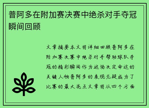 普阿多在附加赛决赛中绝杀对手夺冠瞬间回顾